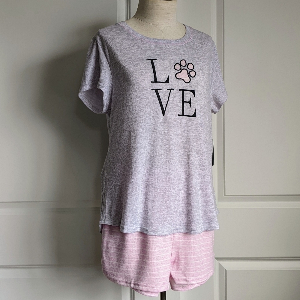 Laura Ashley PJ Set Short Sleeve Tee Shorts Embroidered Love Paw Grey Pink L NWT